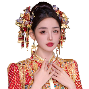 2025楚楚新娘新款中式红色复古秀禾头饰手工简约凤冠古典饰品套装