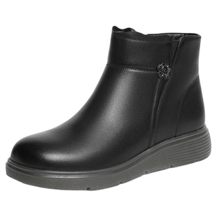 红蜻蜓妈妈鞋子冬季新款女鞋真皮软底皮鞋女款加绒保暖中老年棉鞋