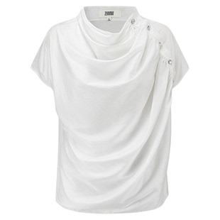 【ZHIMII识弥】斜襟真丝干丝不对称堆领衬衫白色短袖中式简约