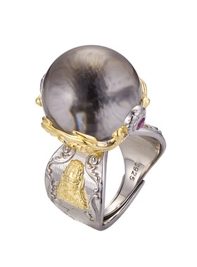 凤梅聚财白水晶戒指环新款原创天然圆球水晶戒指女福字S925银R25