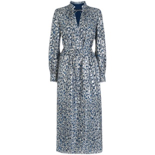 WHISTLES长袖连衣裙礼服裙真丝混纺浅蓝色碎花中长款系带靓丽气质