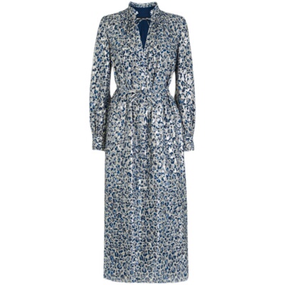 WHISTLES长袖连衣裙礼服裙真丝混纺浅蓝色碎花中长款系带靓丽气质