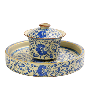 汝窑缠枝莲悬停旋转三才盖碗家用青花陶瓷泡茶敬茶碗高档功夫茶具