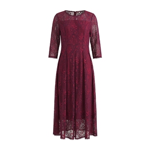 马天奴2026春夏新款酒红蕾丝圆领收腰长袖连衣裙子长裙气质时尚女