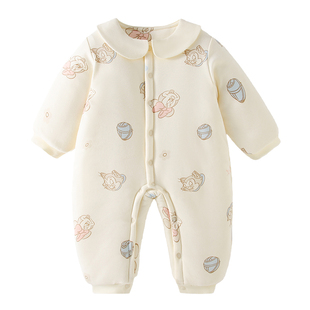 迪士尼婴儿衣服冬季外出棉服280g夹棉男女宝宝连体衣加厚保暖爬服