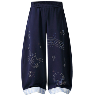 自然涩拼接格纹弯刀卫裤女早春新款可爱兔耳朵宽松休闲长裤子冬季