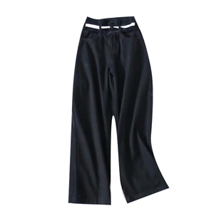 lisa同款裤子欧美风个性镂空高腰宽松街舞牛仔长裤阔腿裤老爹裤女