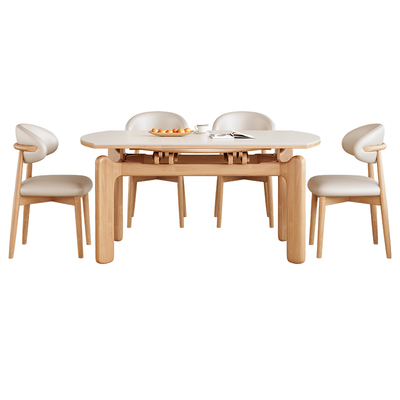 蓝色理想中古风实木岩板餐桌椅组合家用可伸缩实木高级客厅圆桌