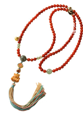 国风南红玛瑙檀香木手串多层手链九尾狐狸桃花流苏文玩手把本命年