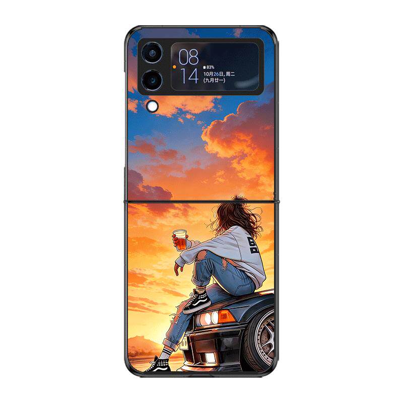 适用三星GalaxyZFlip3一代二代折叠屏手机壳机车女孩保护套高清彩绘保护壳