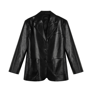 辰米范【现货6.5折】亮皮黑色pu皮衣西装外套女宽松oversize大衣