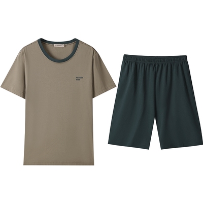 秋鹿长绒棉夏天睡衣男款短袖五分裤纯棉家居服男春夏套装纯色薄款