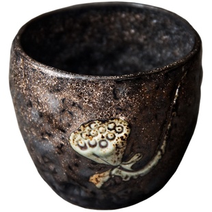 手工复古禅意茶杯陶瓷品茗杯粗陶日式鎏金主人杯功夫茶具单杯大号