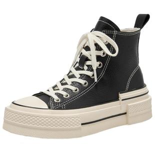 BeauToday厚底高帮美式帆布鞋女款增高板鞋秋真皮平底时尚休闲鞋