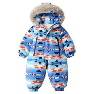印花连帽加绒加厚儿童滑雪服连体衣2025冬季新款防风防水宝宝爬服
