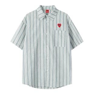 查尔斯桃心日系休闲竖条纹短袖衬衫男夏季薄款痞帅高级感衬衣外套