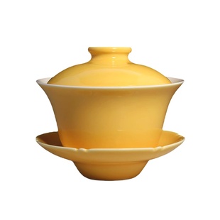 中国台湾省晓芳窑陶艺名家蔡晓芳乳黄菱边大盖碗 210ml容陶瓷茶具