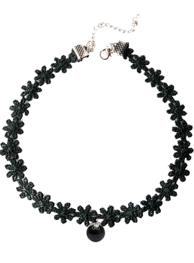 choker纯银黑色花朵短款珍珠颈链