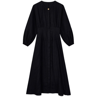 复古双色亚麻收腰灯笼袖连衣裙