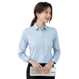 春秋长绒高棉女士职业通勤长袖蓝色方领衬衫上班白衬衣正装工作服