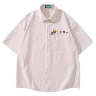 From Mars摸摸小花 卡通小熊花朵刺绣翻转口袋短袖衬衫宽松情侣bf