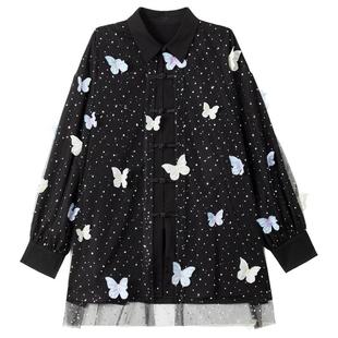 KEIKO 花漾新中式轻纱拼接长袖衬衫春季仙灵蝴蝶绣花国风盘扣上衣