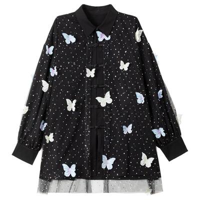 KEIKO 花漾新中式轻纱拼接长袖衬衫春季仙灵蝴蝶绣花国风盘扣上衣