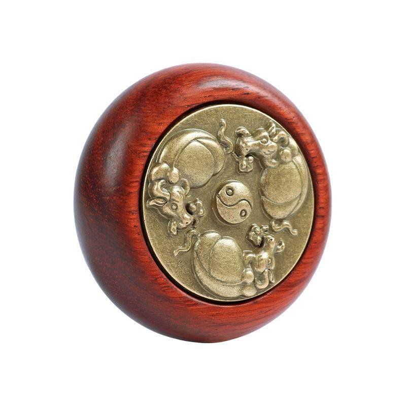 紫檀扭转乾坤双面旋转铜赚钱手把件牛转乾坤复古怀旧摆件转钱解压