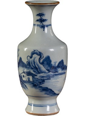 清代青花山水图赏瓶瓷器摆件