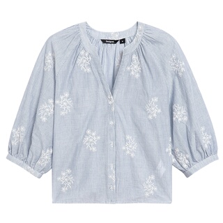 Desigual26【博主同款】春夏新品宽松条纹绣花V领泡泡袖女式衬衫