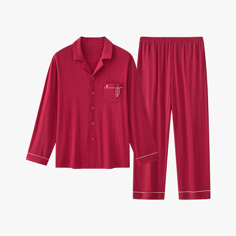 松山福松山棉店家居服套装女情侣开衫长袖红色睡衣本命年马男秋冬