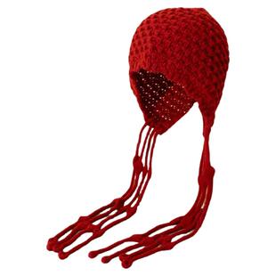 川西旅游穿搭红色帽子女款西藏新疆钩花镂空薄款针织毛线包头冷帽