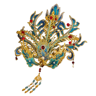 新款明制汉服头饰蓝色新娘凤冠中式婚礼古装发冠凤凰头冠凤钗步摇