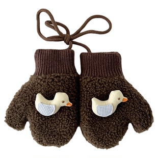 宝宝毛绒挂脖手套冬季仿羊羔毛保暖连指韩系男女童可爱小鸭子手套