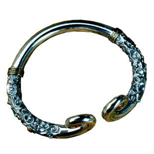 纯银紧箍咒手镯情侣一对男女开口足银镶嵌松石南红手环民族风银饰