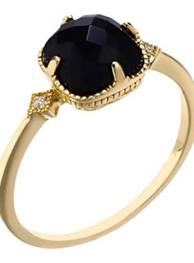 日系方形天然黑玛瑙复古镀金戒指