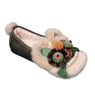 2026新款真兔毛国风虎头鞋成人女汉服绣花鞋新中式软底布鞋手工鞋