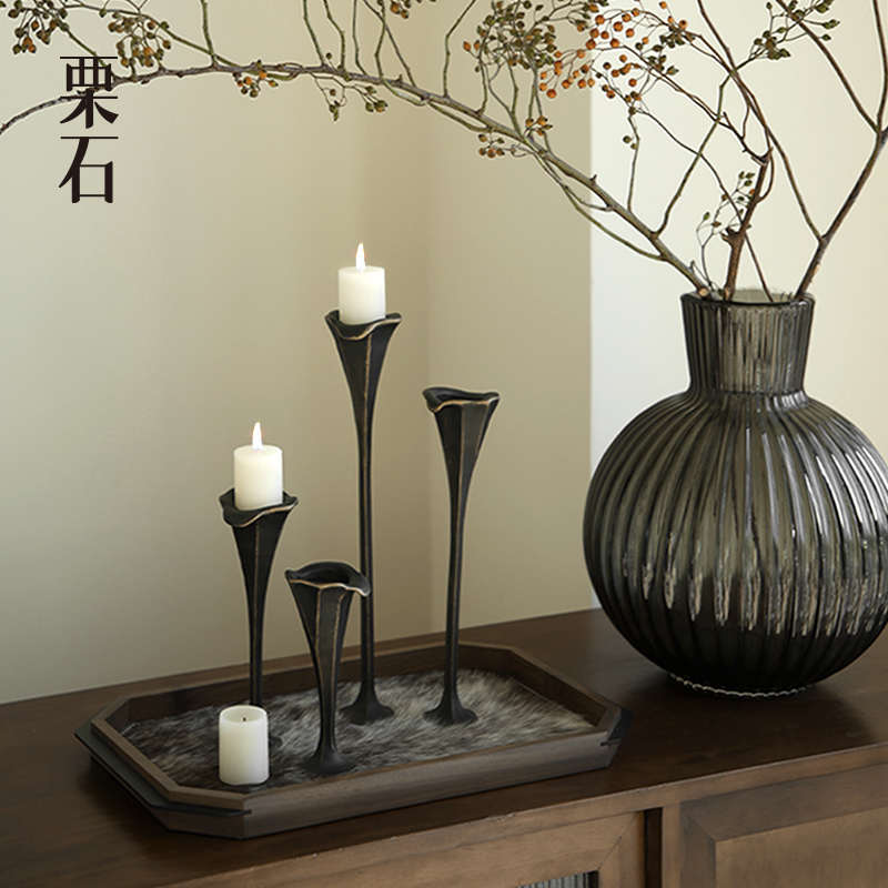 栗石复古欧式黑色金属烛台摆件中古风样板间餐厅烛光晚餐蜡台摆件