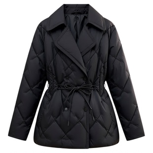 2025秋冬新款十字绣西装领收腰羽绒服女装修身白鸭绒外套薄款上衣