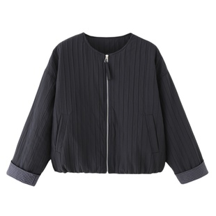 艾格2025秋季新款圆领宽松短款小个子撞色长袖夹棉圆领外套上衣女