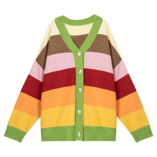 KEIKO 霓彩风条纹针织开衫25秋冬韩系氛围感穿搭加厚彩虹毛衣外套