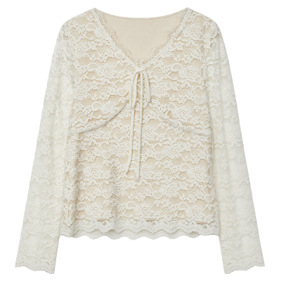 DM100大码百分百女装微胖mm冬季气质V领蝴蝶结正肩磨毛蕾丝打底衫