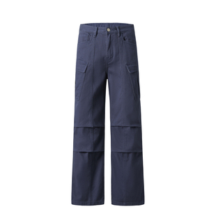 98SQUID 美式复古褶皱多口袋拼接工装裤男女宽松休闲阔腿垂感长裤