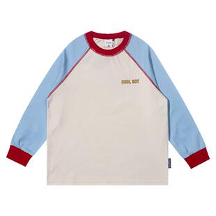 男童春秋装2025新款儿童山系户外露营元素印花撞色插肩长袖T恤衫