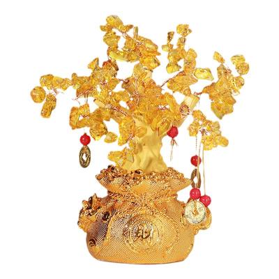 灵机麦玲玲2026马年黄水晶树摆件摇钱树元宝聚宝盆办公桌送礼品