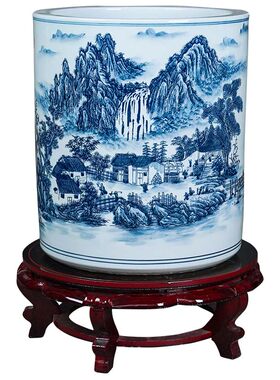 景德镇陶瓷书画缸青花瓷摆件
