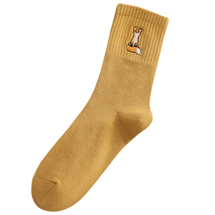 秋冬中厚狐狸刺绣袜子女中筒袜冬季保暖防臭纯棉长袜配鲨鱼裤好看