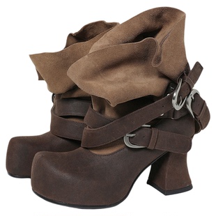 UBORYA原创漫画少女/秋日漫步棕色两种穿法圆头阔腿秋季女堆堆靴