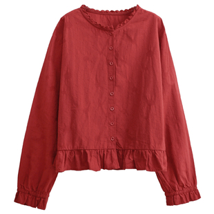 花吉C165樱桃红暗纹提花小巧显瘦长袖正肩衬衫女2026新款春衬衣