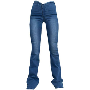 你伍老板娘 自制超模裤新款女修身长裤v字形抽绳牛仔裤喇叭裤腿长